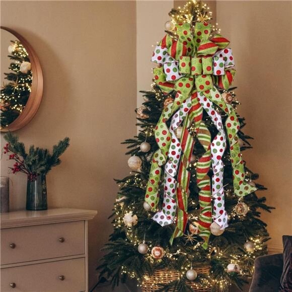 Christmas Tree Topper Wreath Bow Large Green Christmas Bow Tree Topper,Red Green - Picture 5 of 7